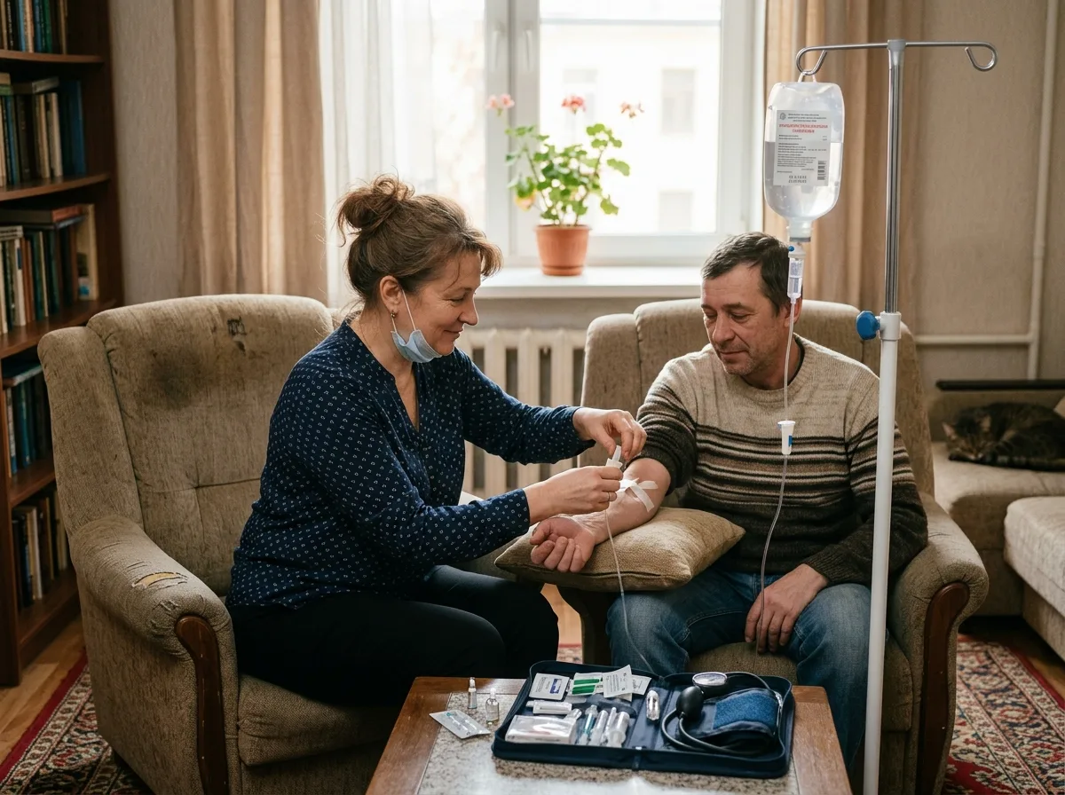 Врач-нарколог в гражданской одежде ставит капельницу пациенту дома, спокойная домашняя обстановка, профессиональный медицинский вид