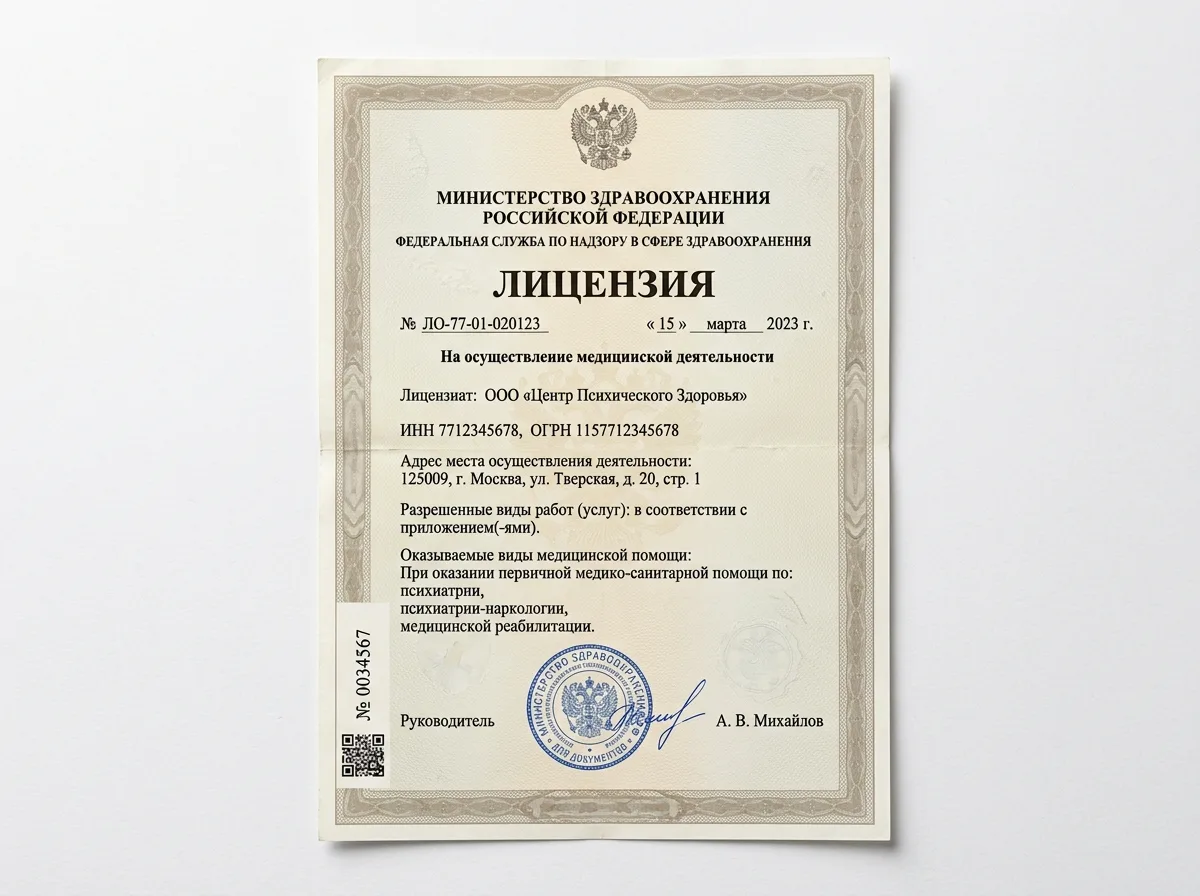 Скан лицензии Минздрава РФ на медицинскую деятельность по психиатрии-наркологии, официальный документ на белом фоне