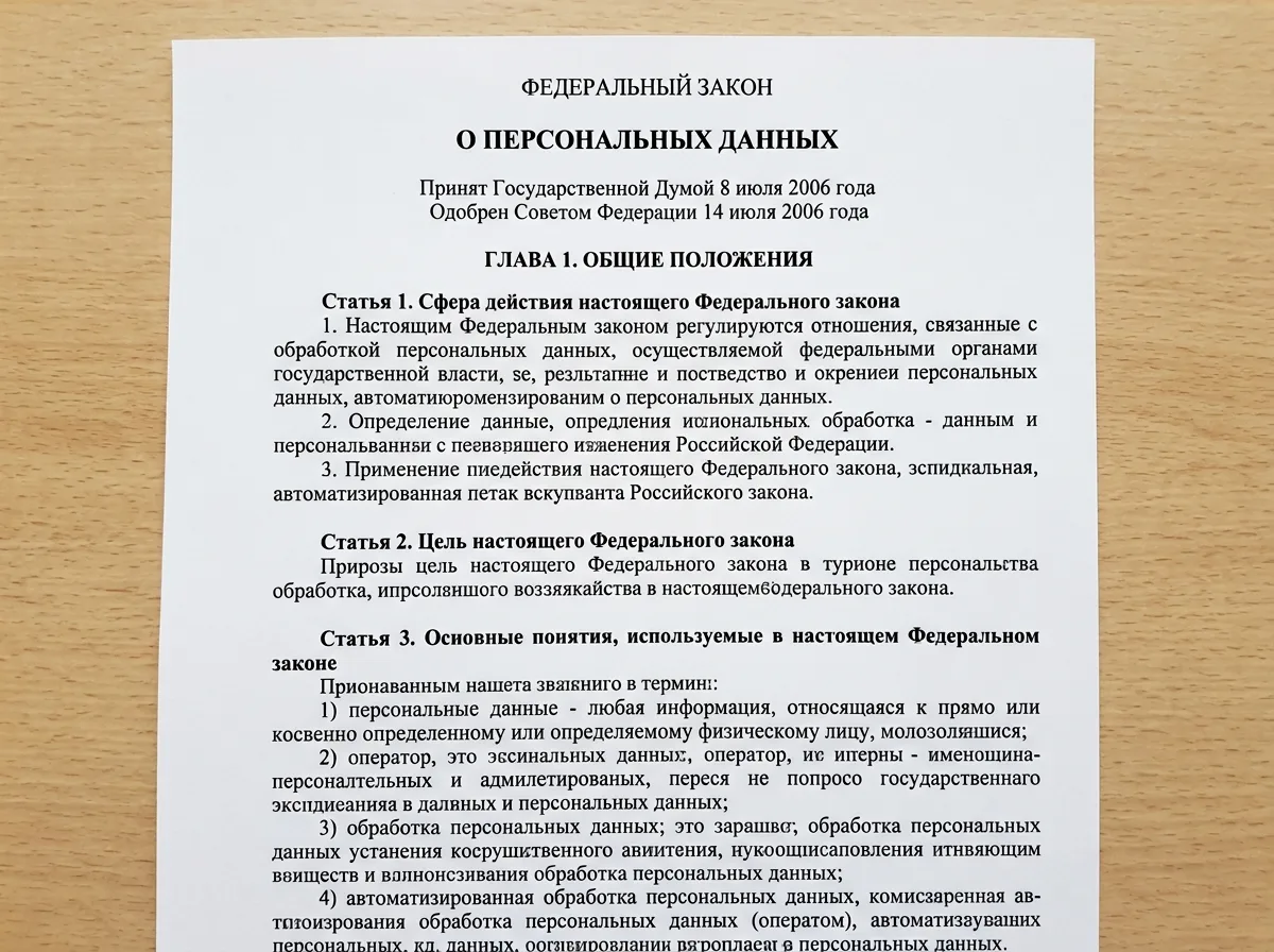 Документ Федерального закона 152-ФЗ о персональных данных, официальный текст на белом фоне
